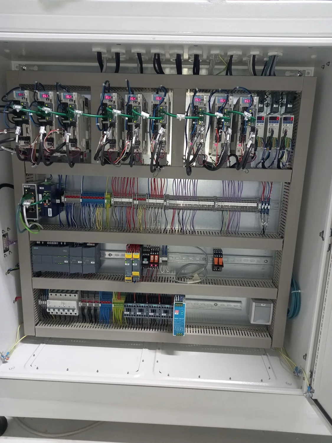 Unutrašnjost elektroormara sa servo pretvaračima za upravljanje osima
